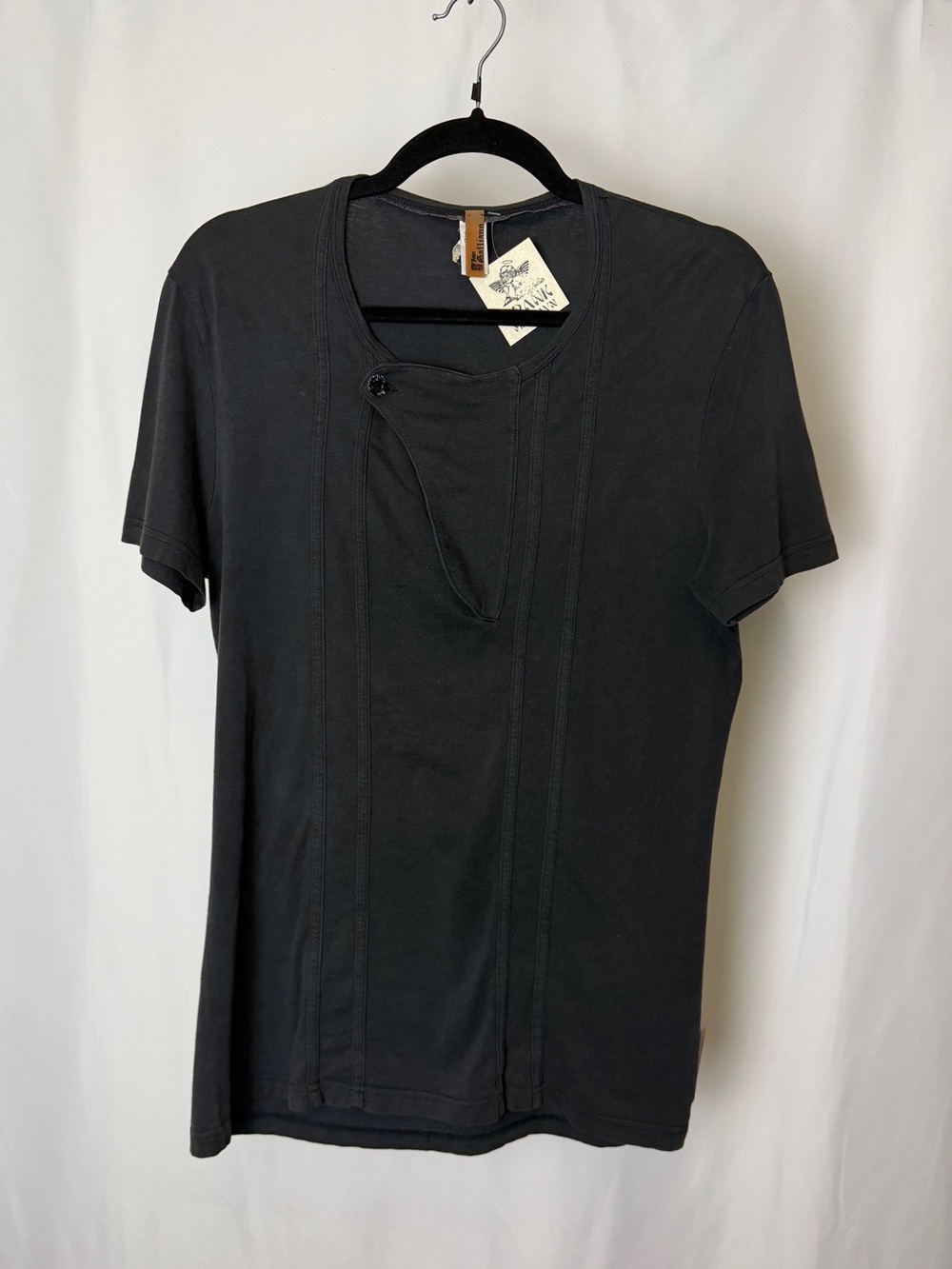 John Galliano Black Short-Sleeve Tee with Asymmetric Keyhole Neck